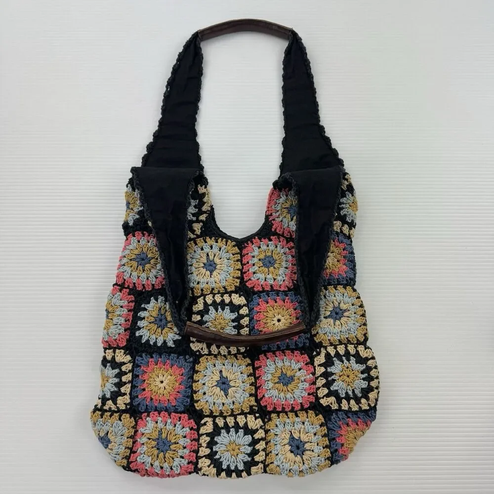 Free People Granny Square Crochet Tote Bag Black Multi Boho Leather Handle NWOT